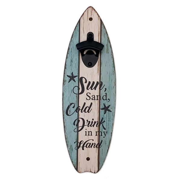 Surf Board Bottle Opener "Sun, Sand, Drink in Hand"