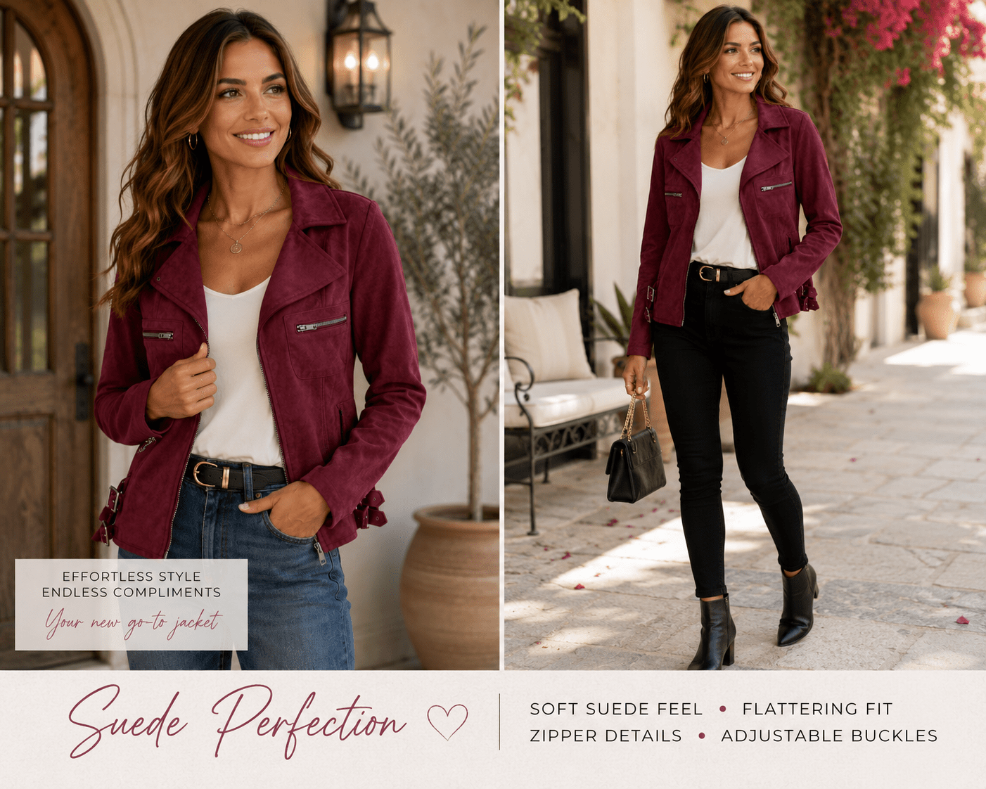 Cabernet Chic Faux Suede Moto Jacket - Heritage-Boutique.com