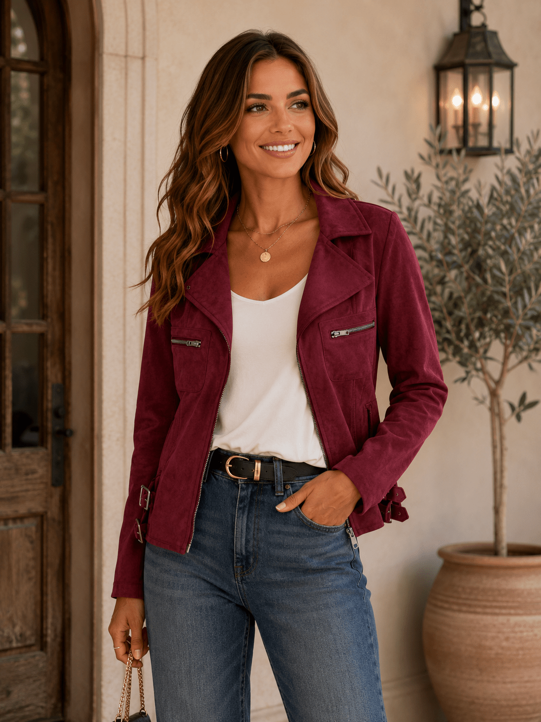 Cabernet Chic Faux Suede Moto Jacket - Heritage-Boutique.com