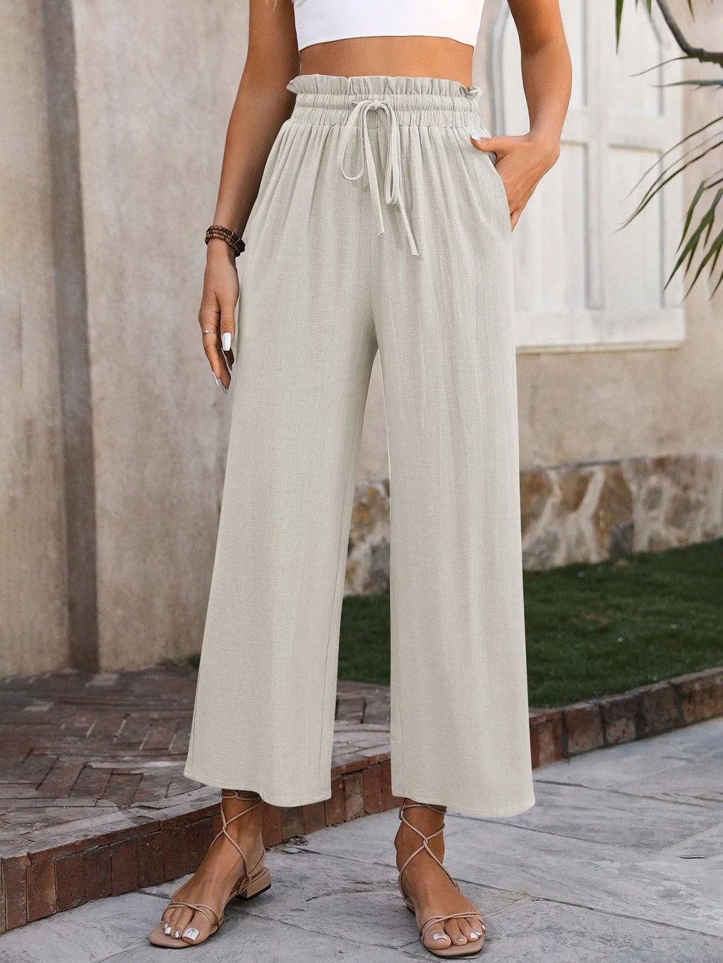 Casual Linen High Waisted Wide Leg Trousers - Heritage - Boutique.com