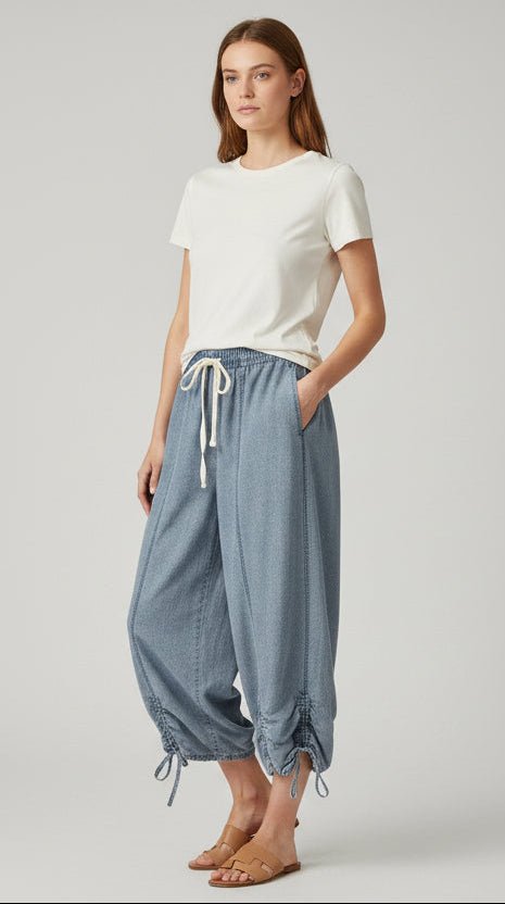 Chambray Wide Leg Drawstring Pants with Ruched Hem - Heritage - Boutique.com