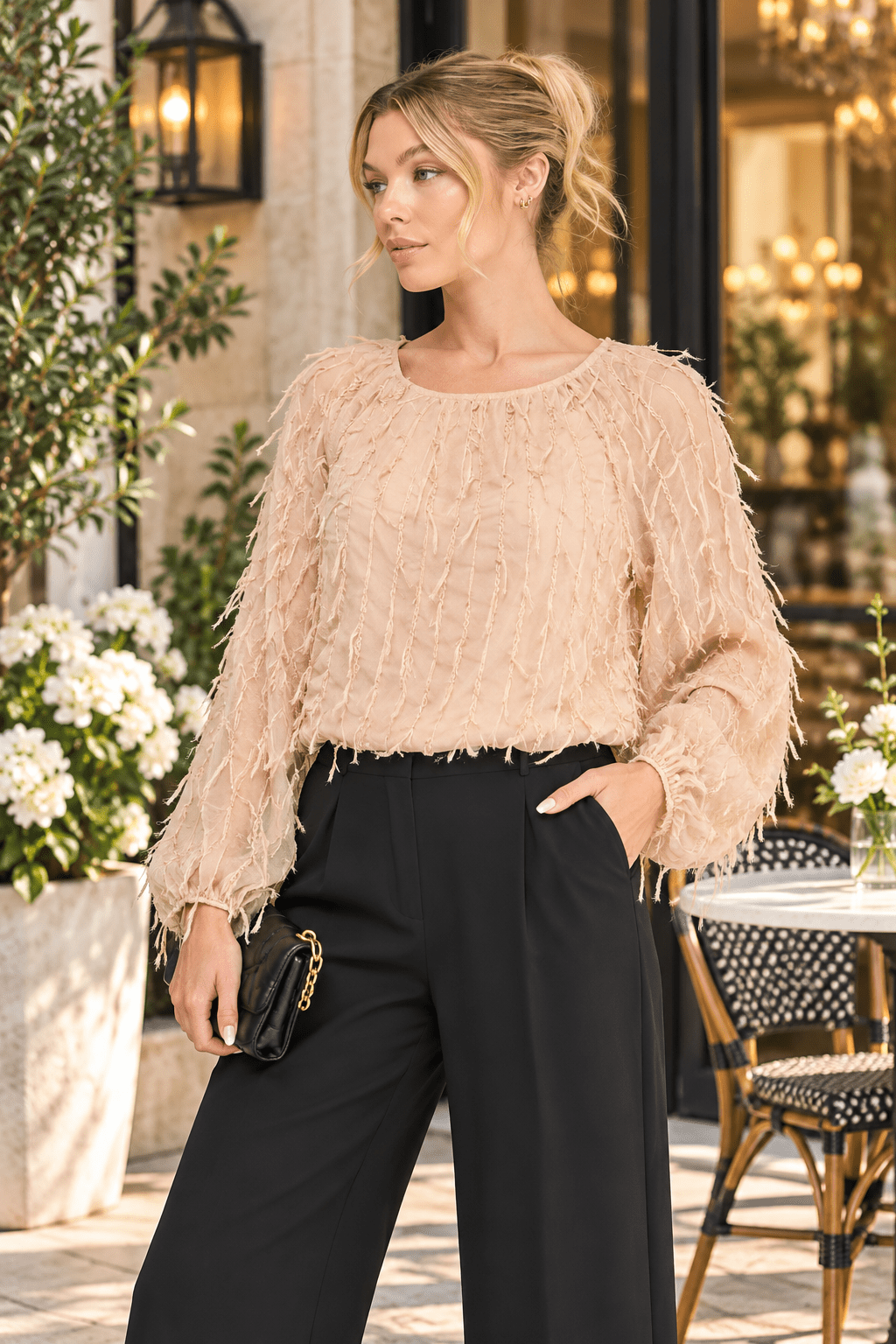 Champagne Dreams Textured Fringe Long Sleeve Blouse - Heritage-Boutique.com