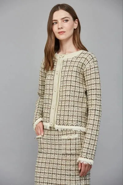 Check Pattern Tweed Knit Cardigan - Heritage - Boutique.com
