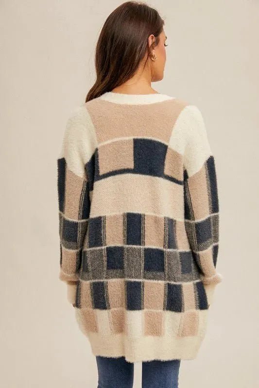 Checkered Motif Eyelash Cardigan - Heritage - Boutique.com