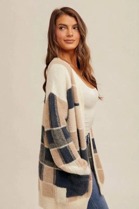 Checkered Motif Eyelash Cardigan - Heritage-Boutique.com