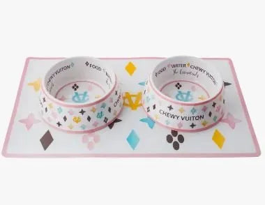 Chewy Vuitton Bowls & Mat Set - Heritage-Boutique.com
