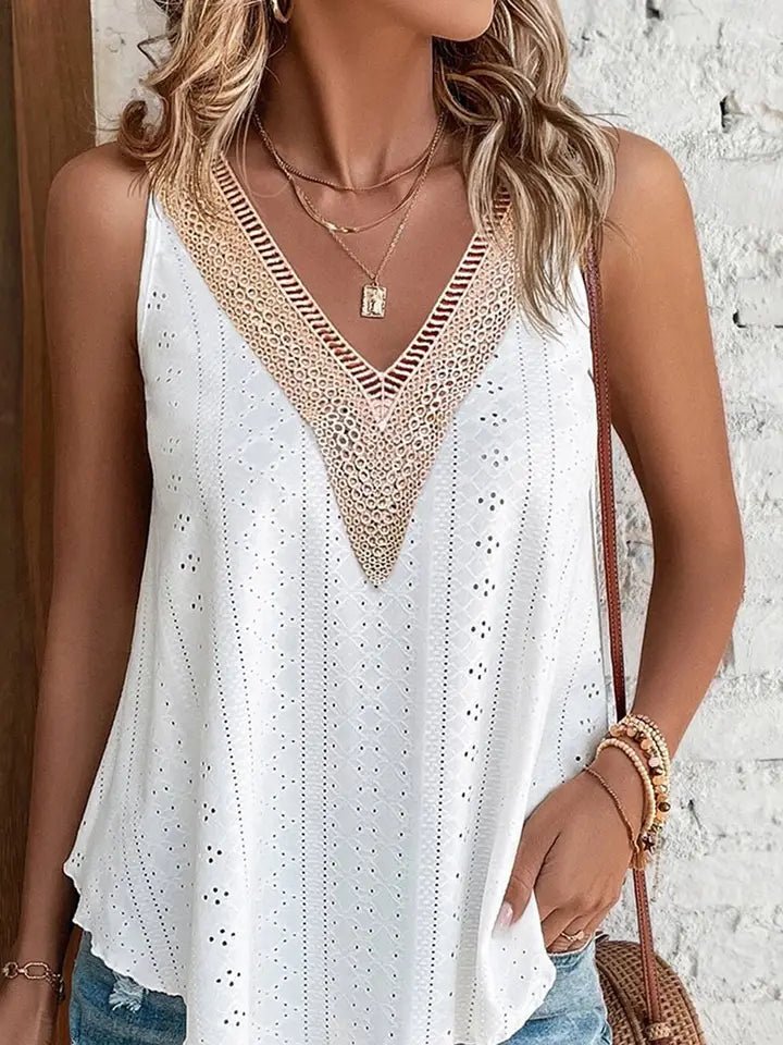Coastal Grace Crochet Lace V - Neck Tank Top - Heritage - Boutique.com