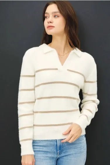 Collared Fuzzy Striped V Neck Sweater w/stripes - Heritage - Boutique.com