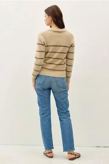 Collared Fuzzy Striped V Neck Sweater w/stripes - Heritage - Boutique.com