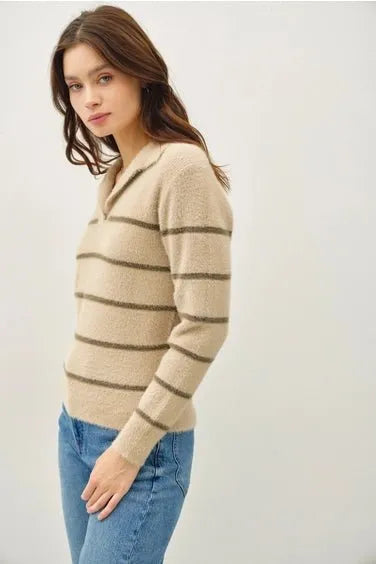 Collared Fuzzy Striped V Neck Sweater w/stripes - Heritage-Boutique.com