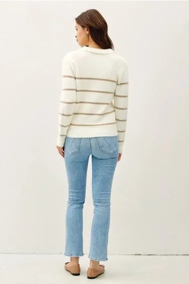 Collared Fuzzy Striped V Neck Sweater w/stripes - Heritage-Boutique.com