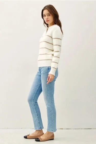 Collared Fuzzy Striped V Neck Sweater w/stripes - Heritage-Boutique.com