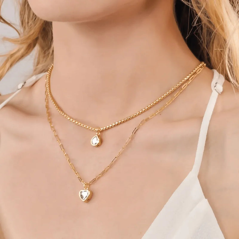 Cubic Zirconia Gold Teardrop Chain Necklace - Heritage-Boutique.com