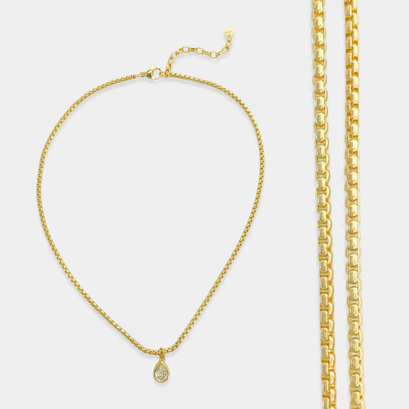 Cubic Zirconia Gold Teardrop Chain Necklace - Heritage-Boutique.com