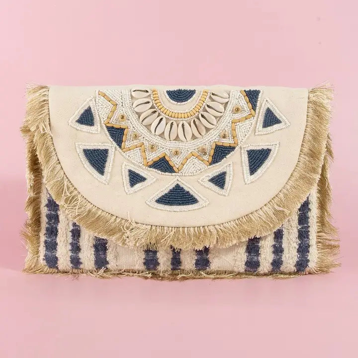 The Santorini Beaded Fringe Mandala Clutch