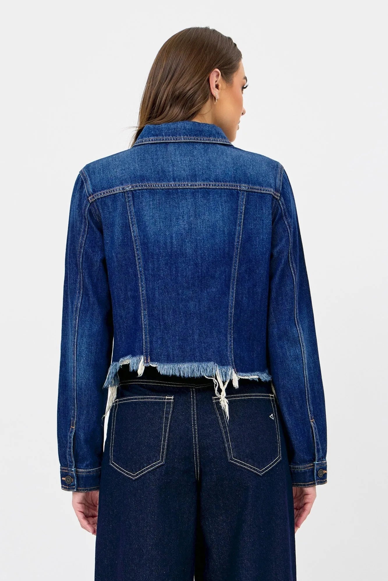 Dark Cropped Fitted Jean Jacket with Fray - Heritage - Boutique.com