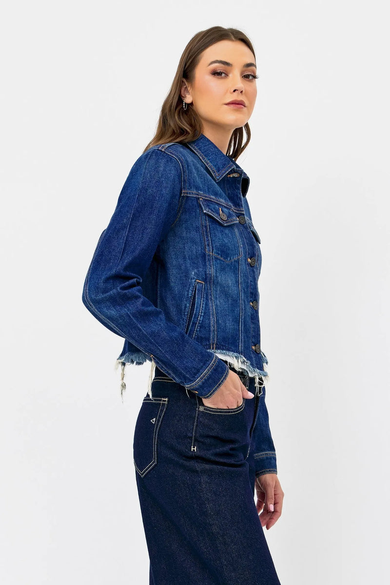 Dark Cropped Fitted Jean Jacket with Fray - Heritage-Boutique.com