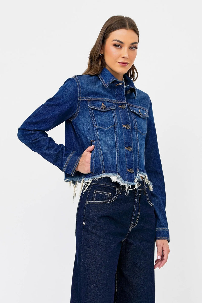 Dark Cropped Fitted Jean Jacket with Fray - Heritage-Boutique.com