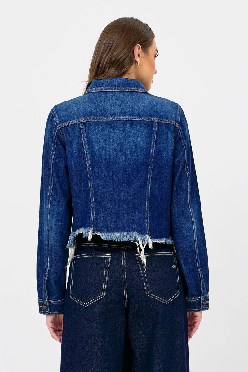 Dark Cropped Fitted Jean Jacket with Fray - Heritage-Boutique.com