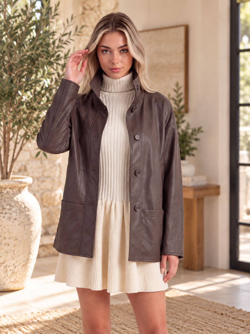 The Uptown Edit Faux Leather Cinched-Waist Funnel Neck Jacket