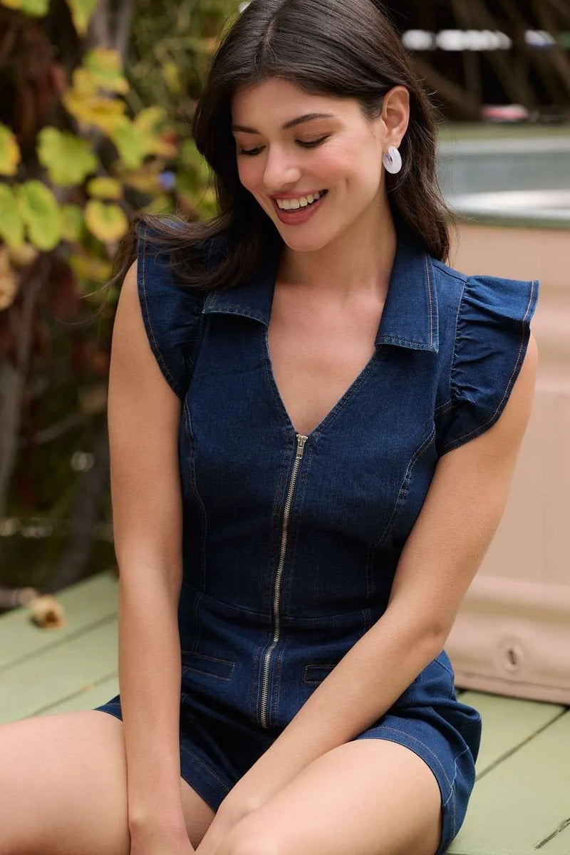 Denim Ruffle Sleeve Zip-Up Romper - Heritage-Boutique.com