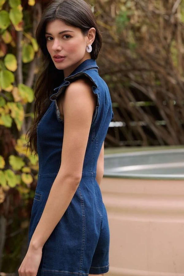 Denim Ruffle Sleeve Zip-Up Romper - Heritage-Boutique.com