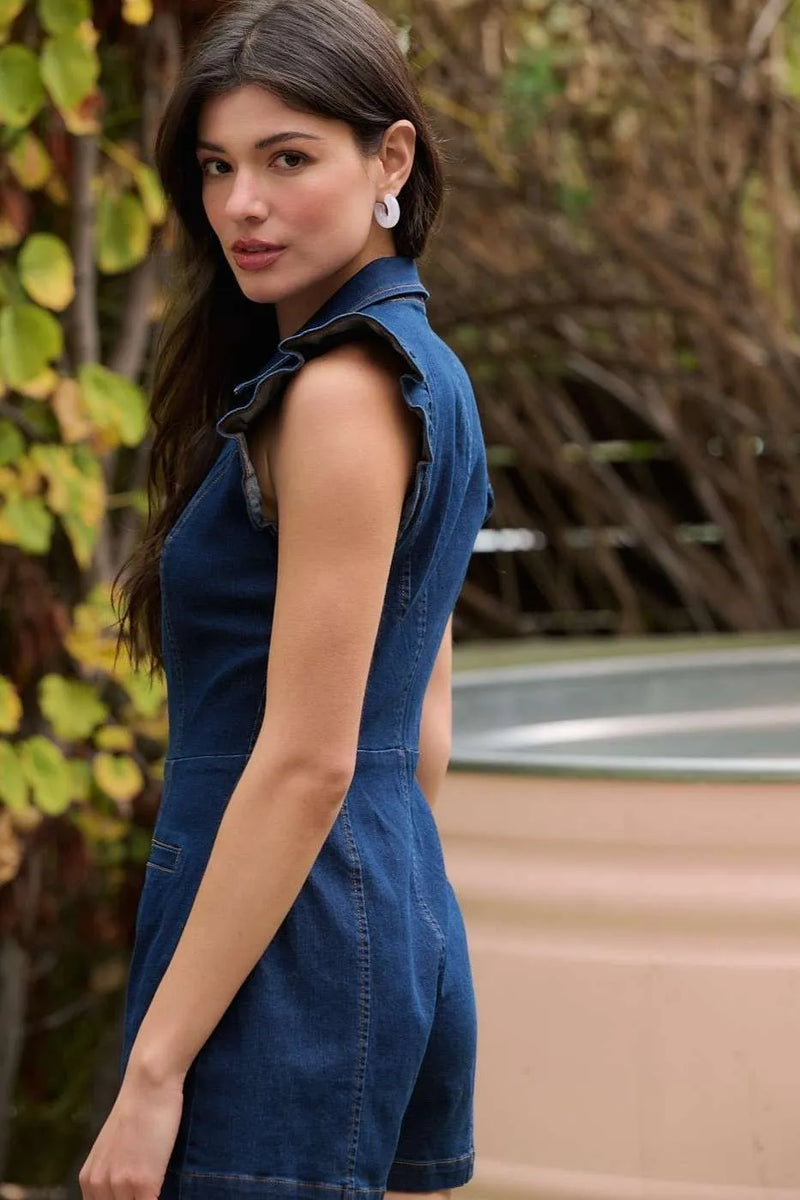 Denim Ruffle Sleeve Zip-Up Romper - Heritage-Boutique.com