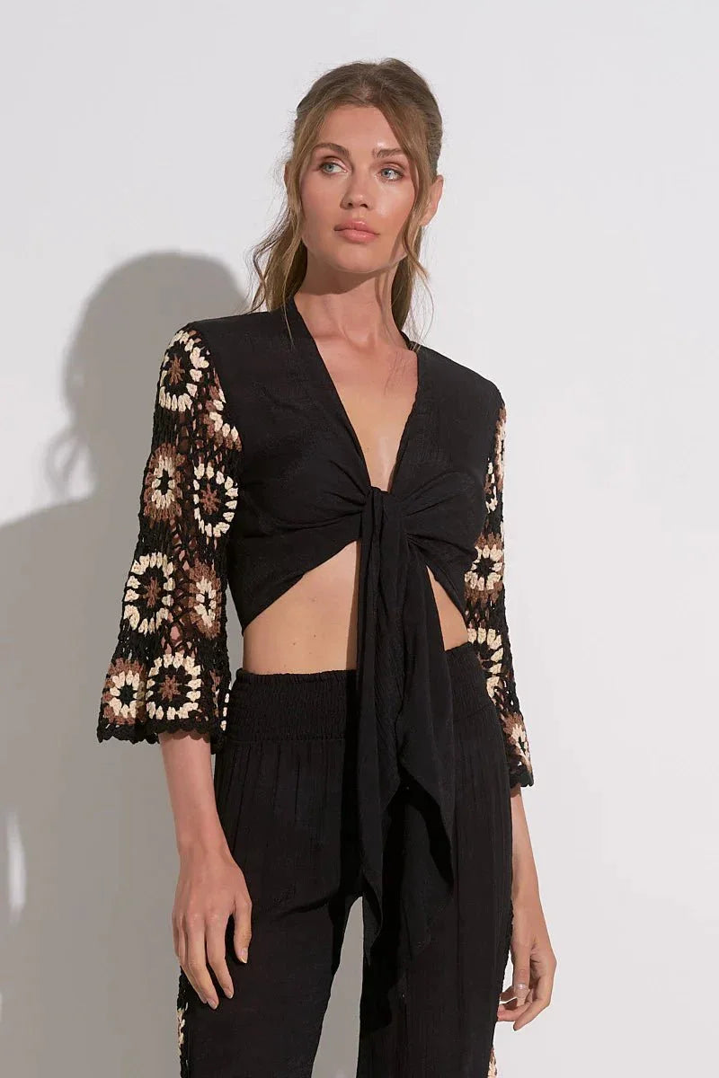 Elan Black Samoa Front Tie Top - Heritage - Boutique.com