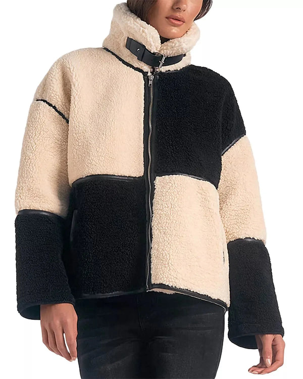 Elan Faux Shearling Color Blocked Coat in Black/White - Heritage-Boutique.com