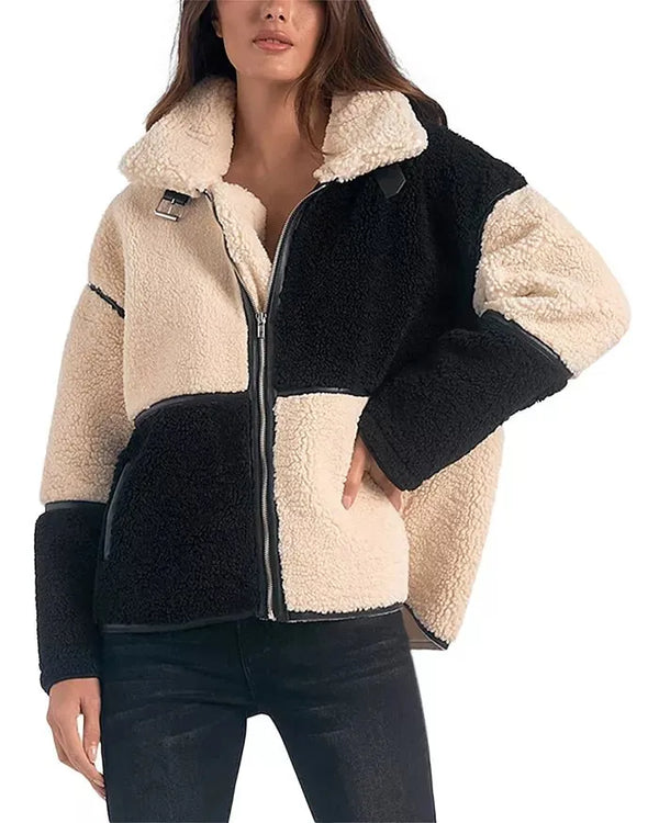 Elan Faux Shearling Color Blocked Coat in Black/White - Heritage-Boutique.com