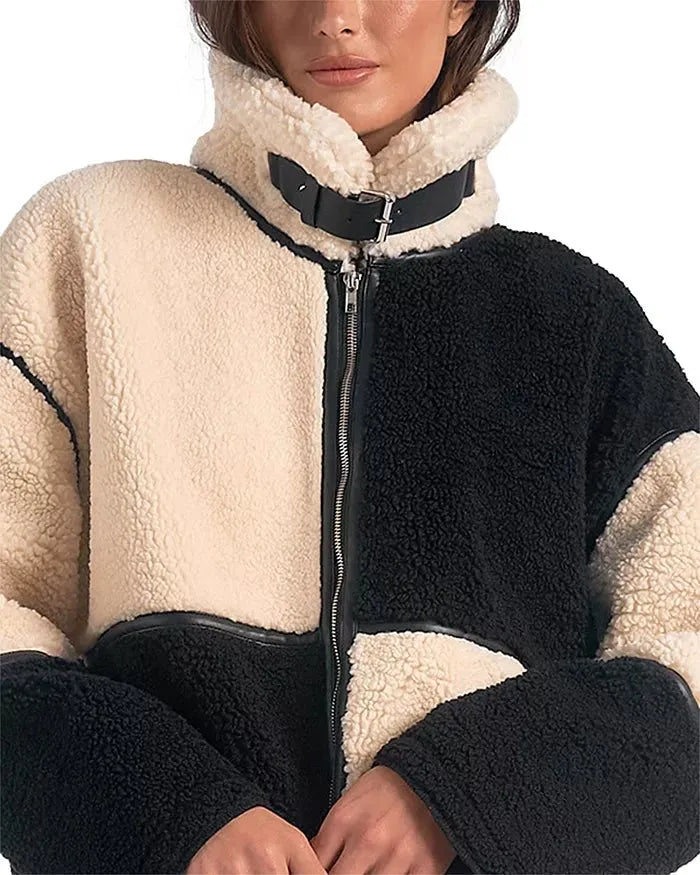 Elan Faux Shearling Color Blocked Coat in Black/White - Heritage-Boutique.com