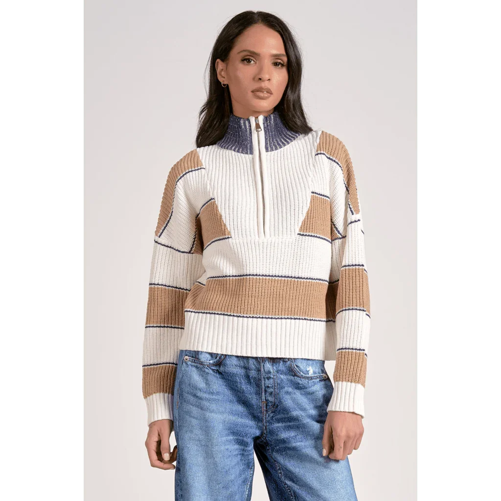 Elan Striped Quarter Zip Sweater - Heritage - Boutique.com