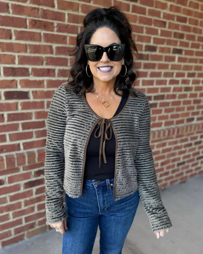 Eyelash Textured Stripe Crop Cardigan - Heritage-Boutique.com