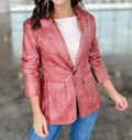 Faux Leather Ruched Sleeve Blazer - Heritage - Boutique.com