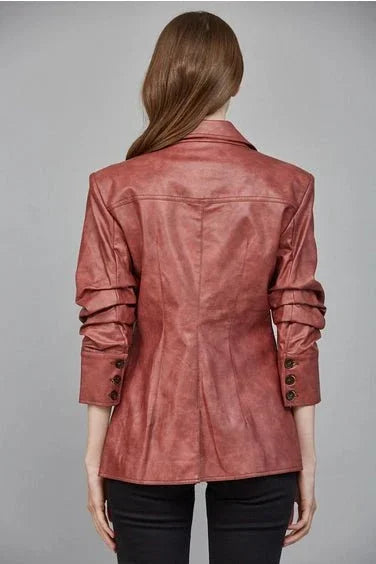 Faux Leather Ruched Sleeve Blazer - Heritage - Boutique.com