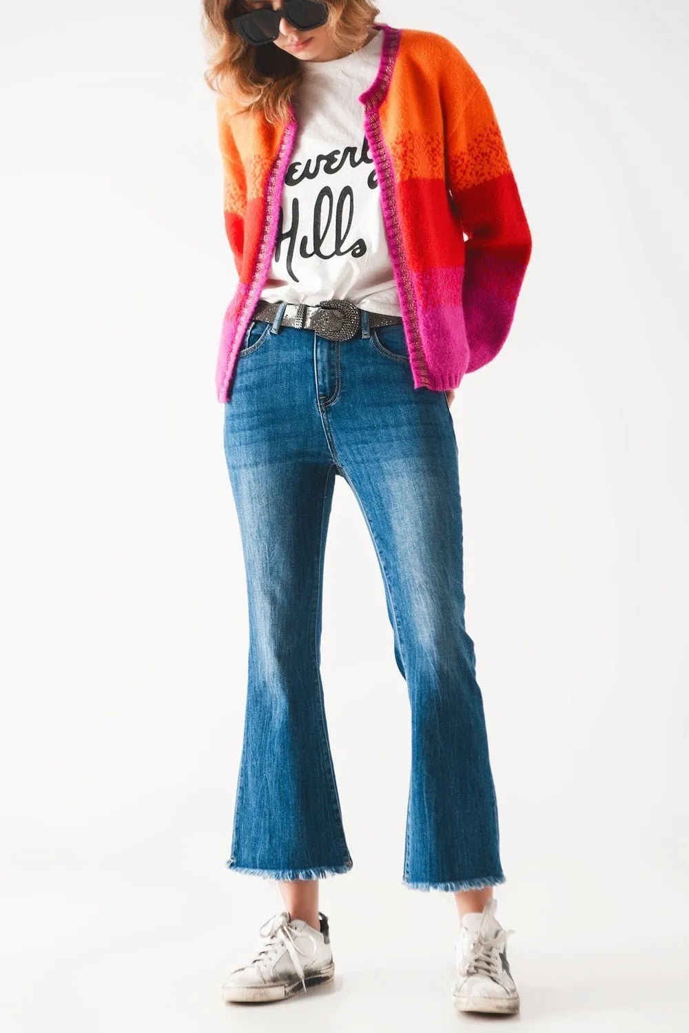 Flared Q2 Mid - Wash Jeans with Raw Edge Hem - Heritage - Boutique.com