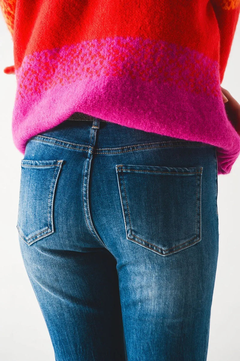Flared Q2 Mid-Wash Jeans with Raw Edge Hem - Heritage-Boutique.com