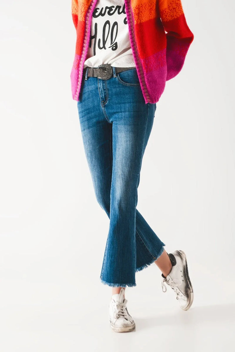 Flared Q2 Mid-Wash Jeans with Raw Edge Hem - Heritage-Boutique.com
