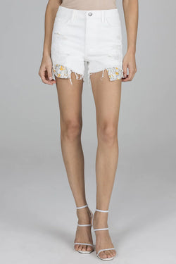 Hi-Rise White Jean Shorts with Floral Pockets