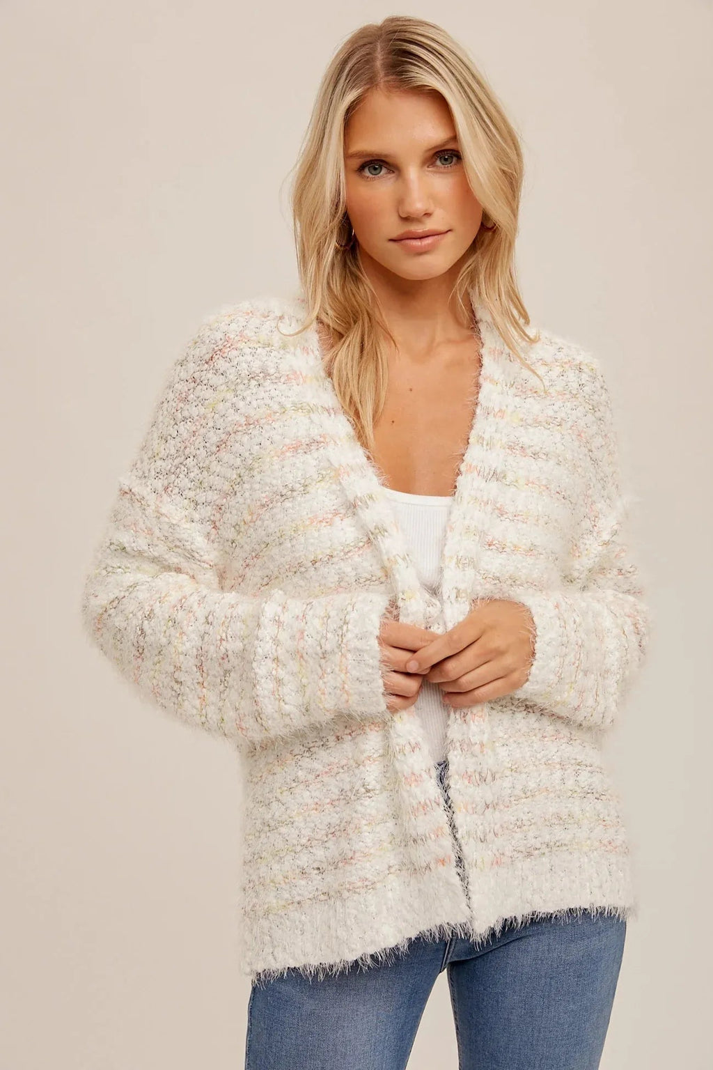 Fuzzy Eyelash Multi Color Cardigan - Ivory - Heritage - Boutique.com