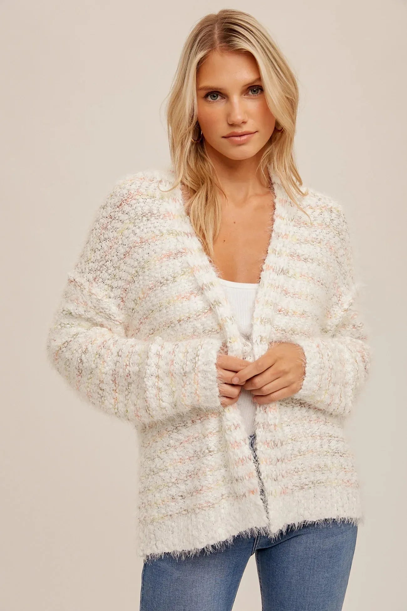 Fuzzy Eyelash Multi Color Cardigan - Ivory - Heritage - Boutique.com