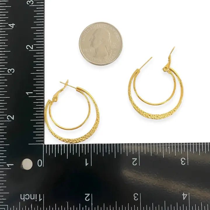 Gold Double Hoop Earrings - 18K Gold Triple Plated Water Resistant - Heritage - Boutique.com