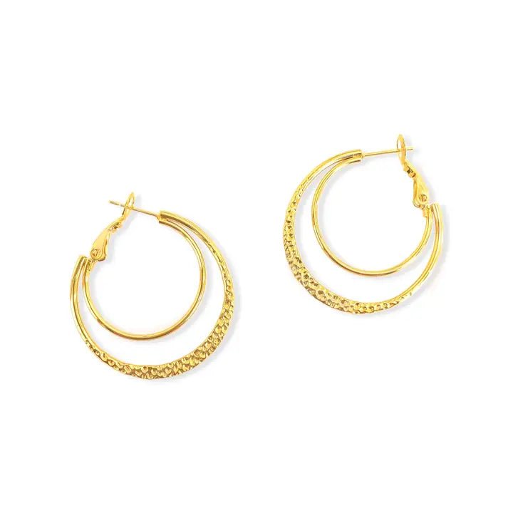 Gold Double Hoop Earrings - 18K Gold Triple Plated Water Resistant - Heritage - Boutique.com