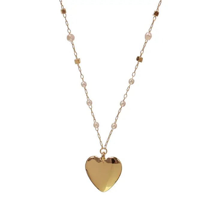 Gold Heart Necklace with Gold Pearl Beaded Chain – Polished Heart Pendant Necklace for Women - Heritage - Boutique.com