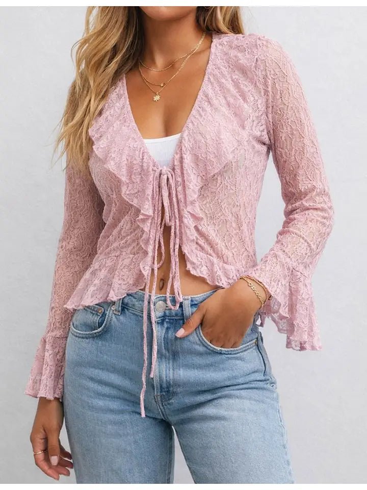 Hampton Romance Lace Tie - Front Top | Soft Stretch Floral Lace Blouse in Blush Pink - Heritage - Boutique.com