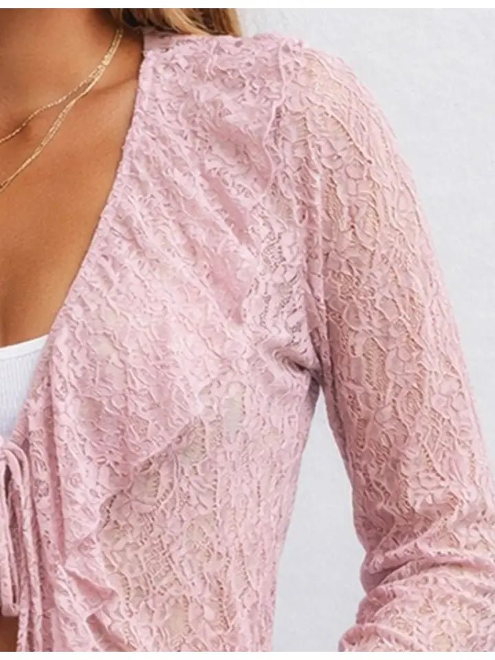 Hampton Romance Lace Tie - Front Top | Soft Stretch Floral Lace Blouse in Blush Pink - Heritage - Boutique.com