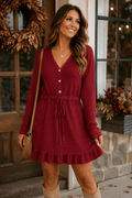 Harvest Harmony Burgundy Waffle Knit Tie-Waist Dress - Heritage-Boutique.com