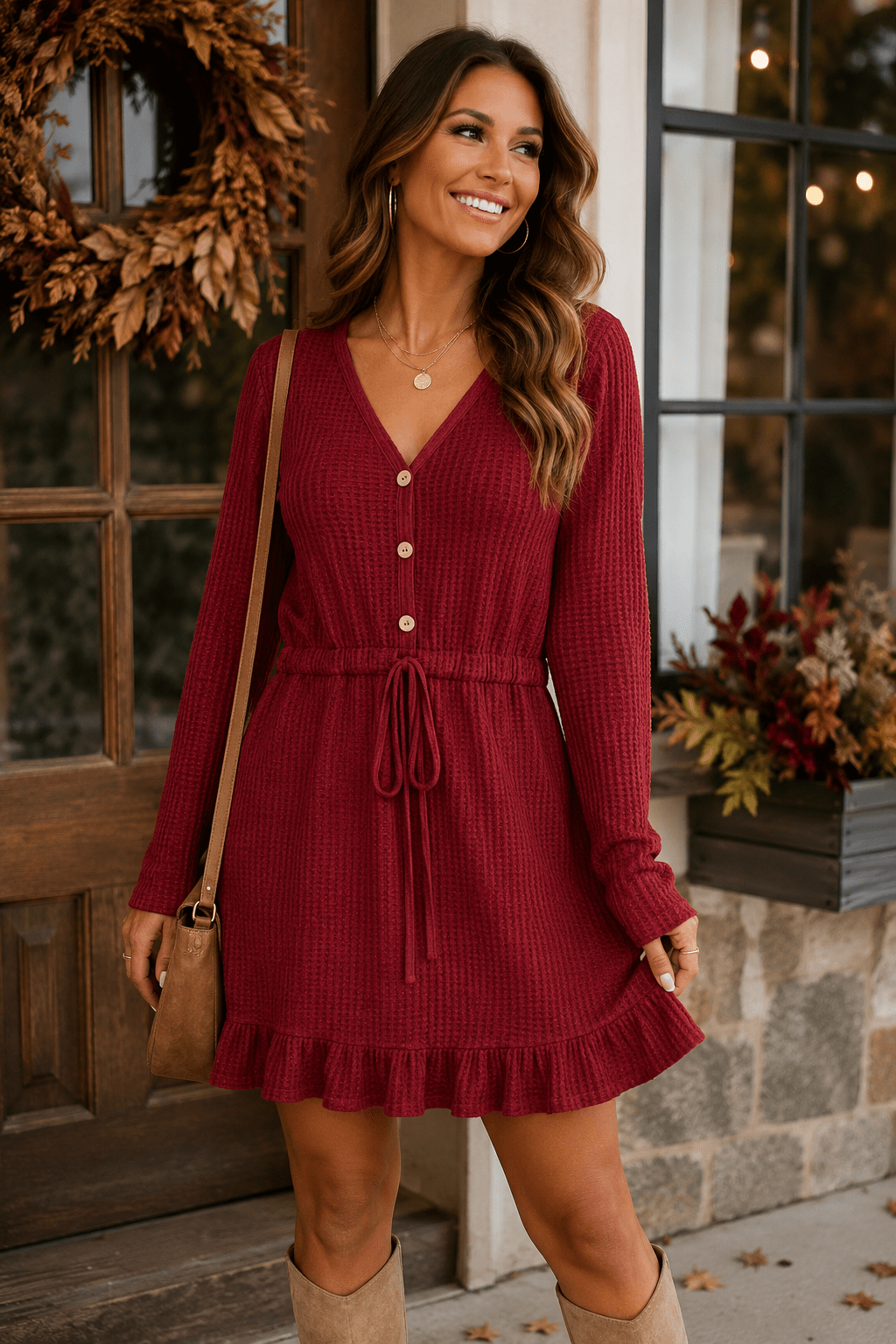Harvest Harmony Burgundy Waffle Knit Tie-Waist Dress - Heritage-Boutique.com