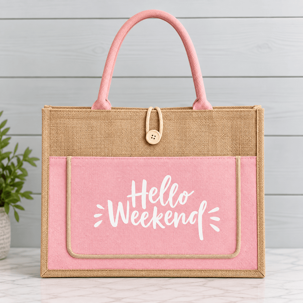 Hello Weekend Burlap Tote Bag - Heritage-Boutique.com