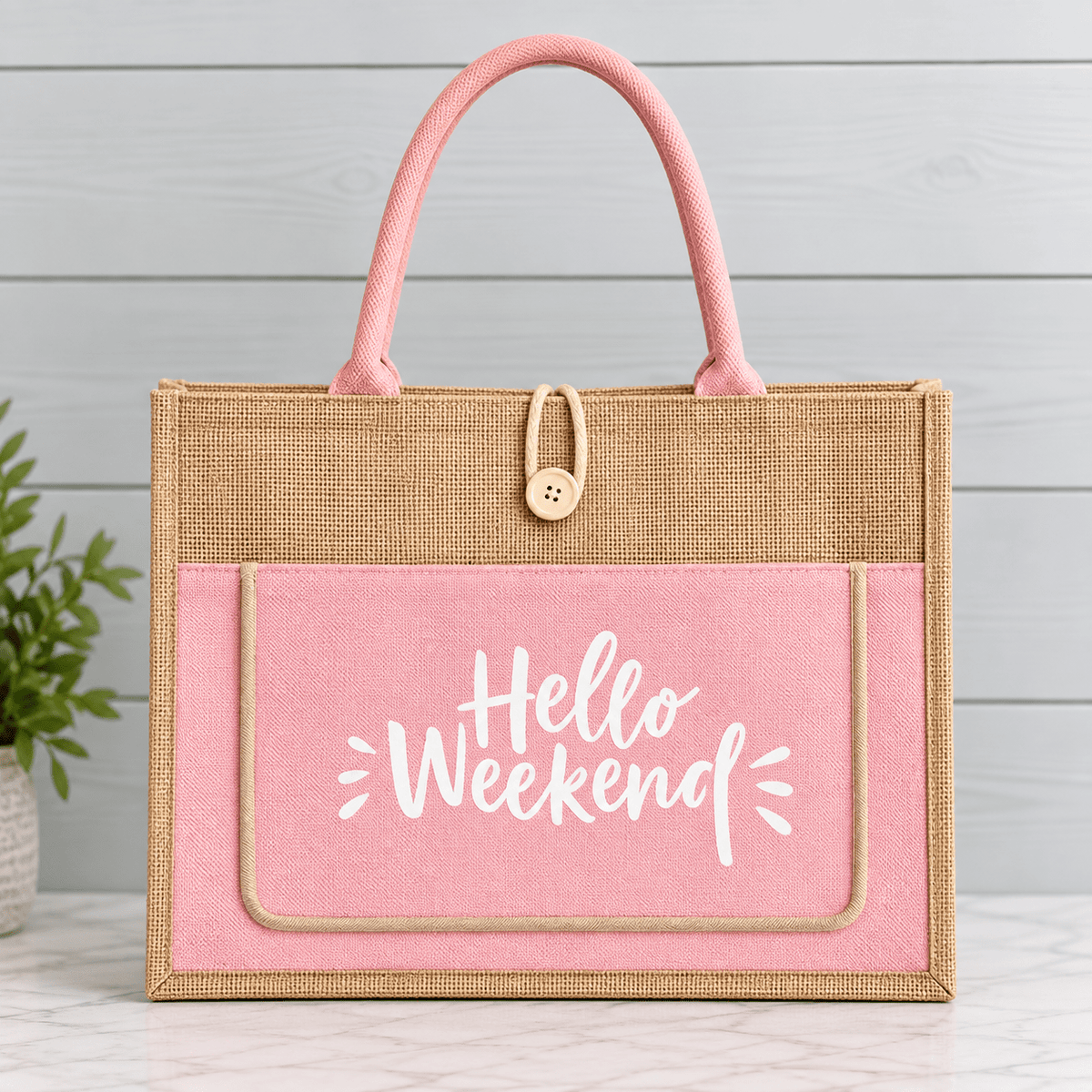Hello Weekend Burlap Tote Bag - Heritage-Boutique.com